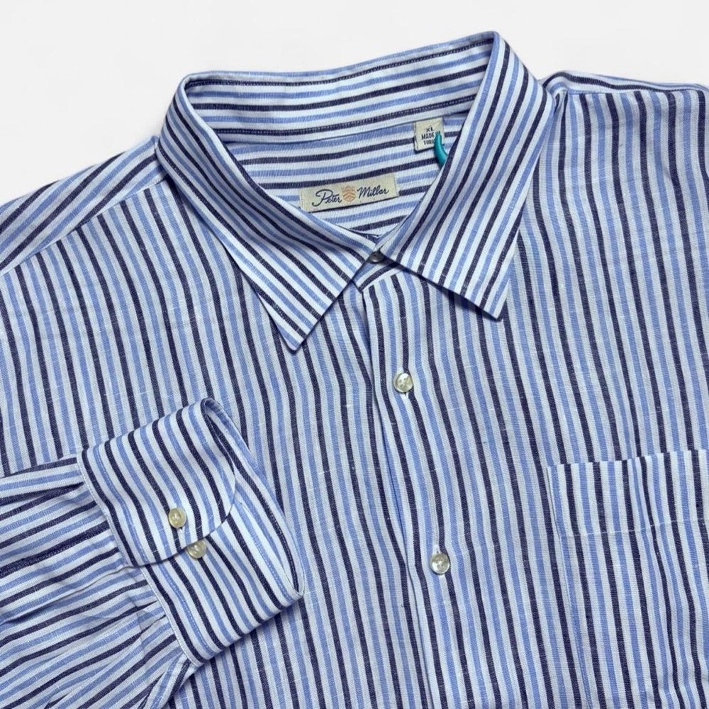 Peter Millar Mens XL 100% Linen Long Sleeve Button Up Shirt Blue White Striped